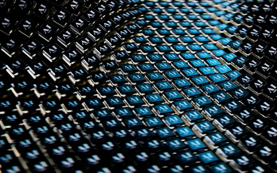 Numerous black microchips with 'AI' text arranged in a grid pattern.
